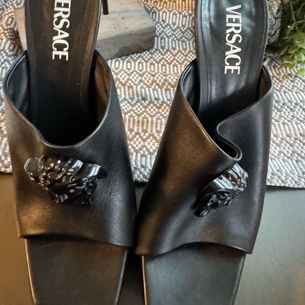 Versace Black Leather Mules with Medusa Detail